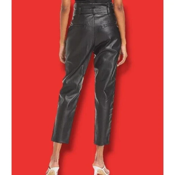 Lucy Paris Belted Paper Bag Waist Black Faux Leather High Rise Womens Sz L Pant - Picture 3 of 16